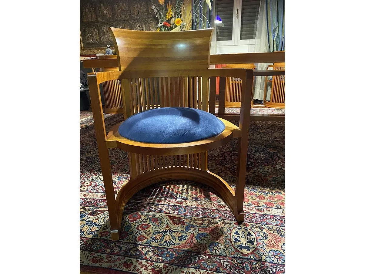 Set of Barrel armchairs in wood and fabric (blue), Cassina Deesup