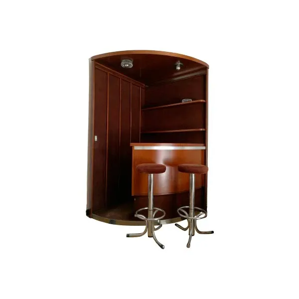 Vintage wooden bar cabinet and 2 stools set (1970s) 1