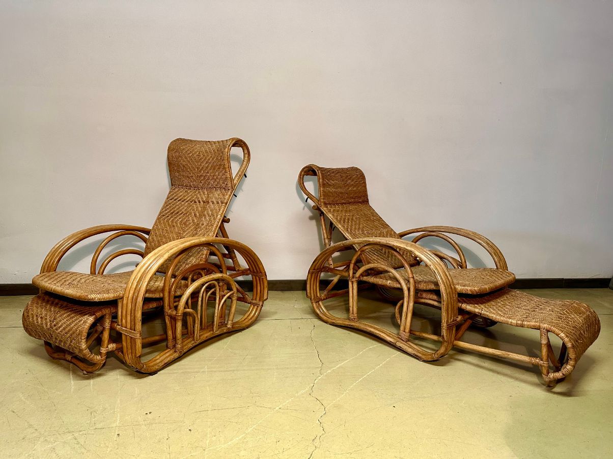 Paar Vintage 1950er Rattan und Bambus Liegestühle Main