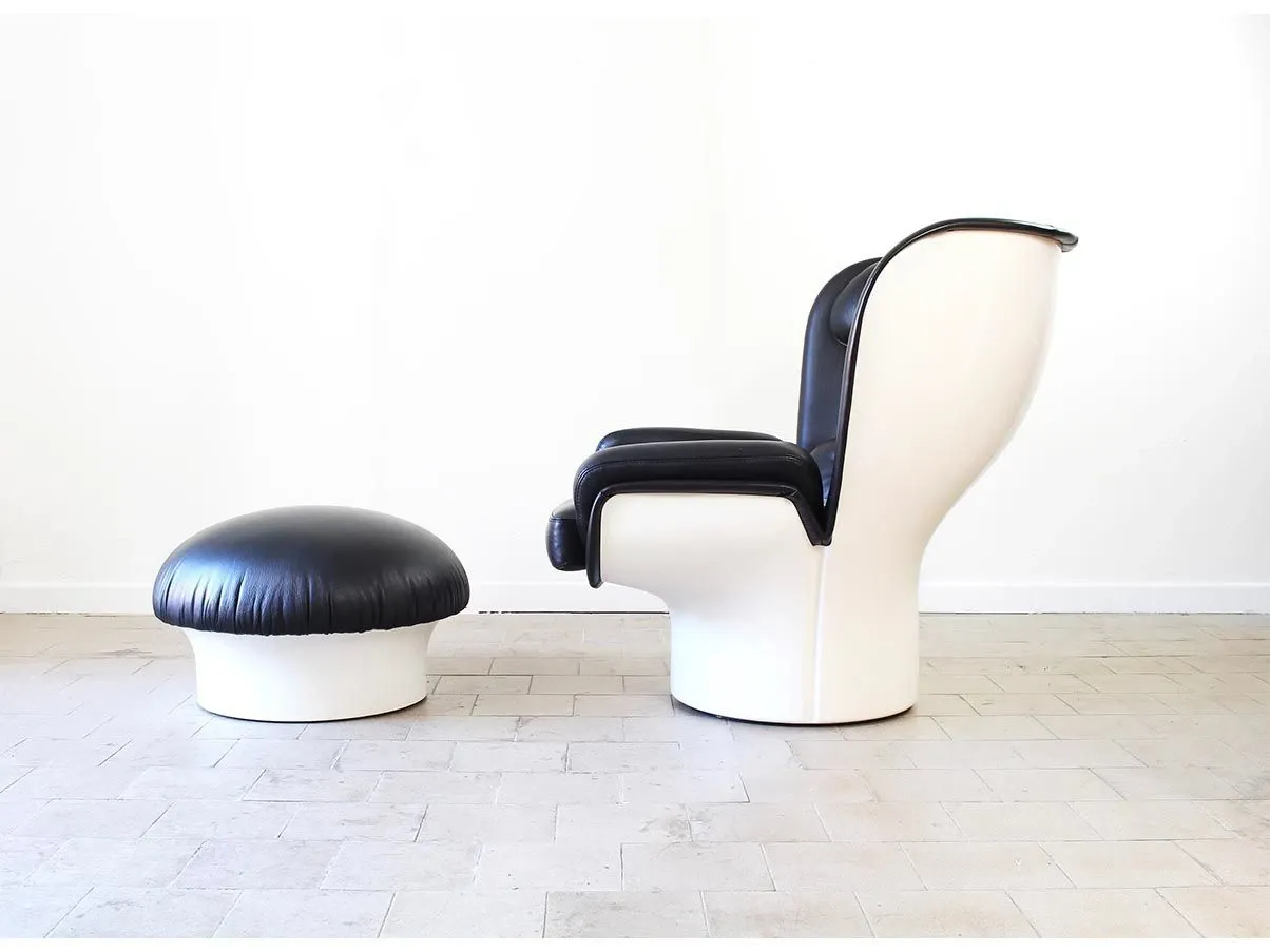 Vintage Elda Sessel mit Hocker aus schwarzem Leder 1