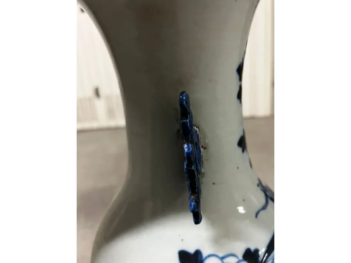 Vaso cinese vintage blu e bianco con decori ('800) 3