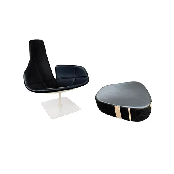 Fjord swivel armchair and pouf in steel and leather (black), Moroso image