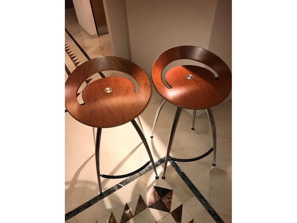 Set of 2 Lyra stools in chromed steel and wood, Magis 
