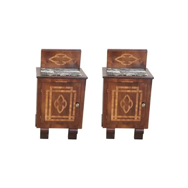 Set of 2 vintage nightstands in walnut and marble (1940s), image