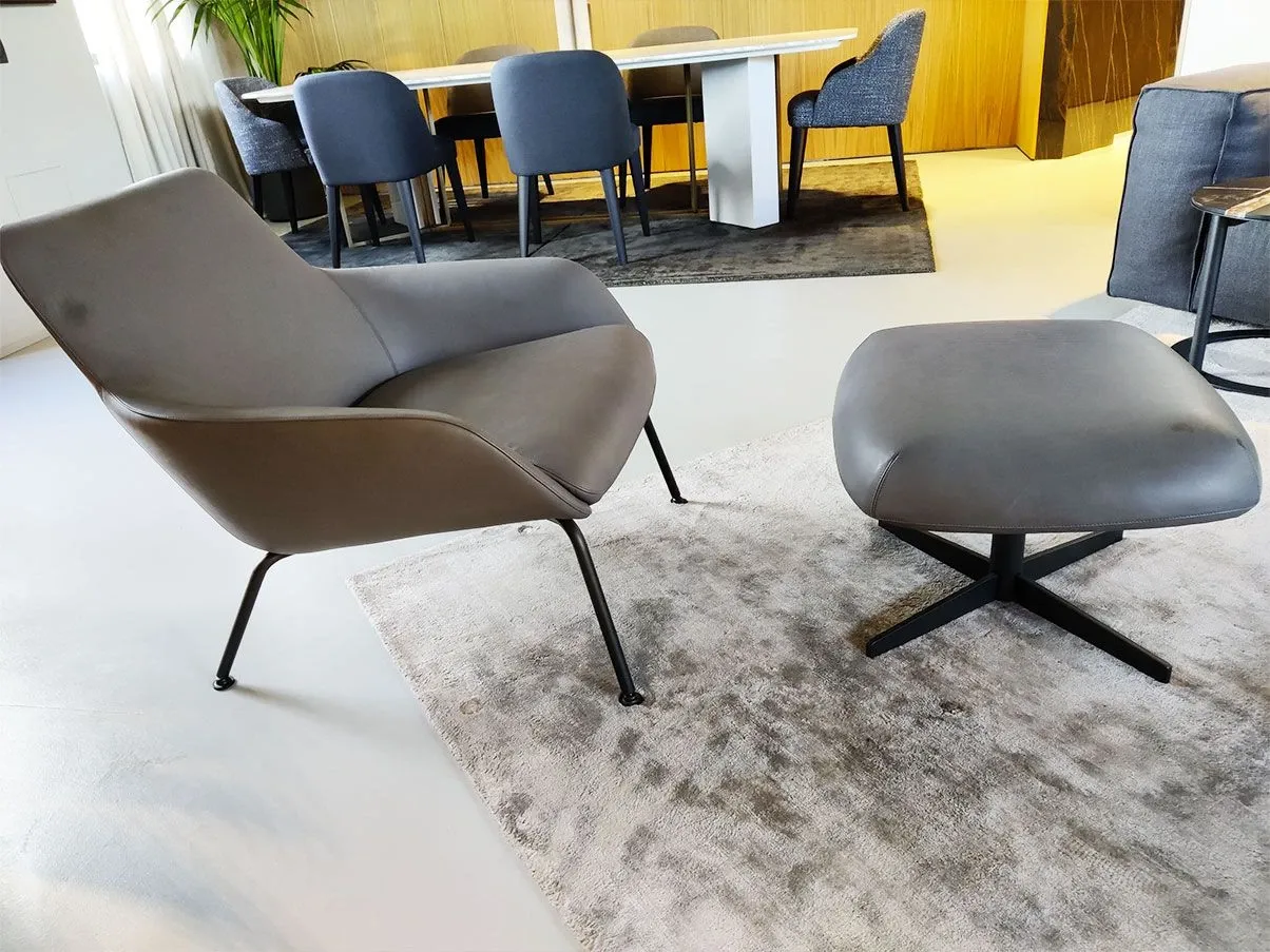 Reader armchair set with leather pouf (gray) 2