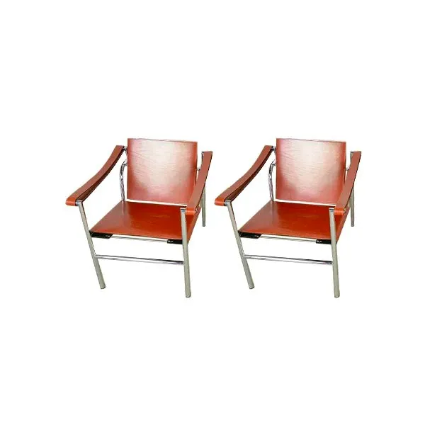 Set of 2 LC1 armchairs in steel and leather, Alivar image