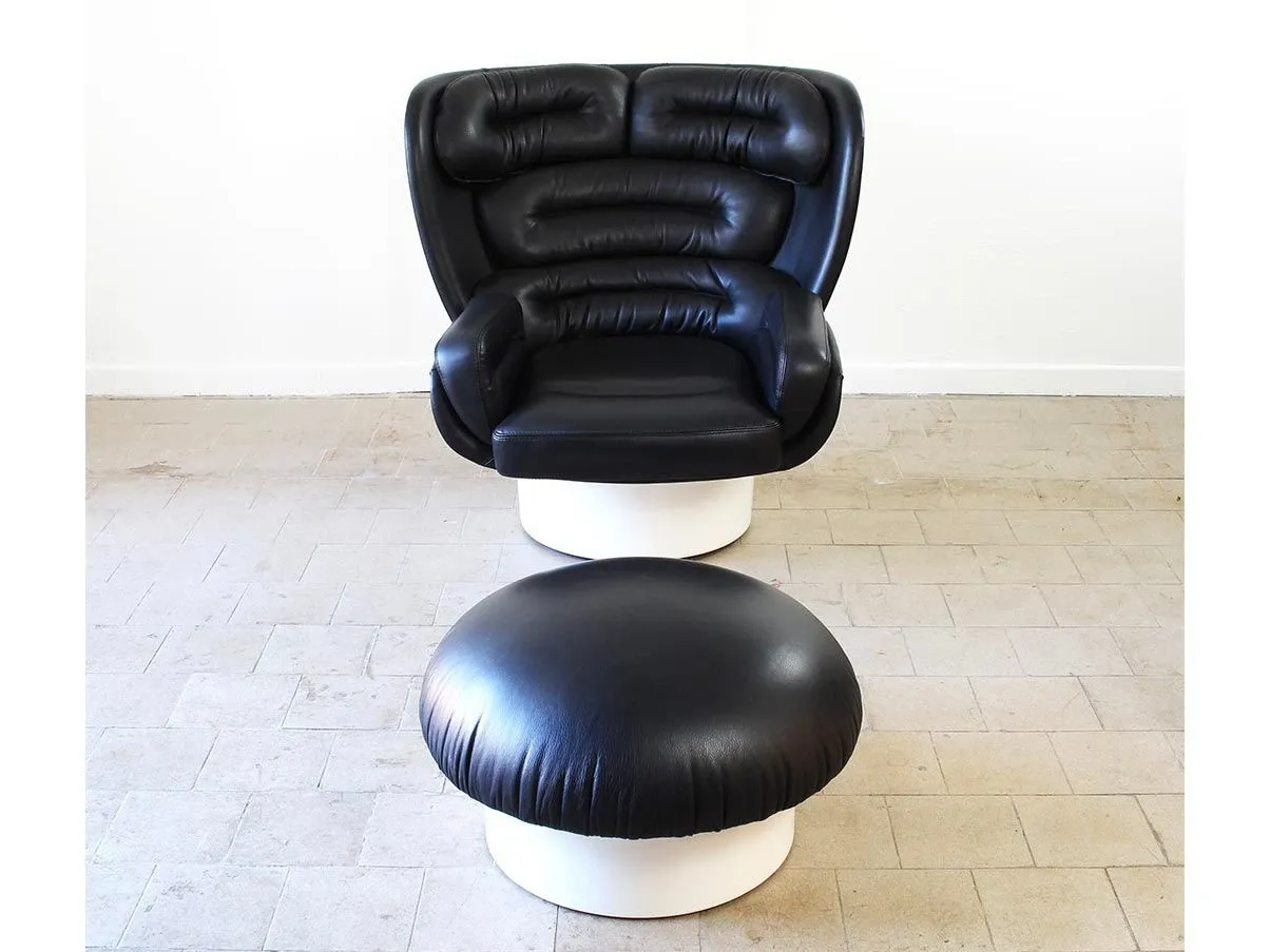 Vintage Elda Sessel mit Hocker aus schwarzem Leder 9
