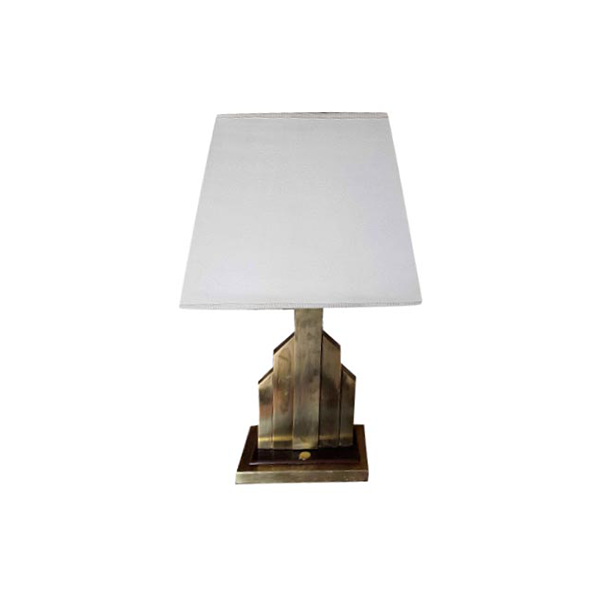 Lampada vintage con base in ottone e paralume in vetro bianco striato