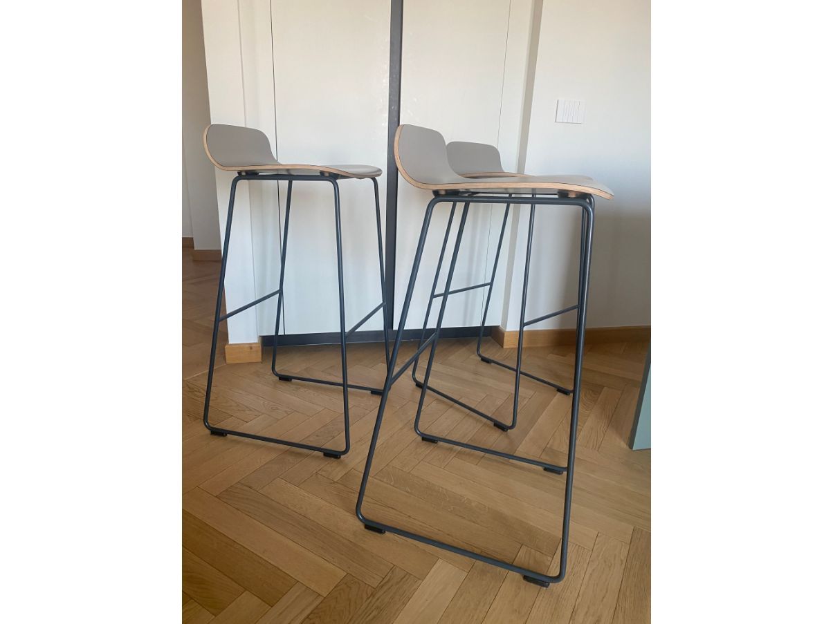 Set of 3 wooden and metal bar stools, Cappellini Side