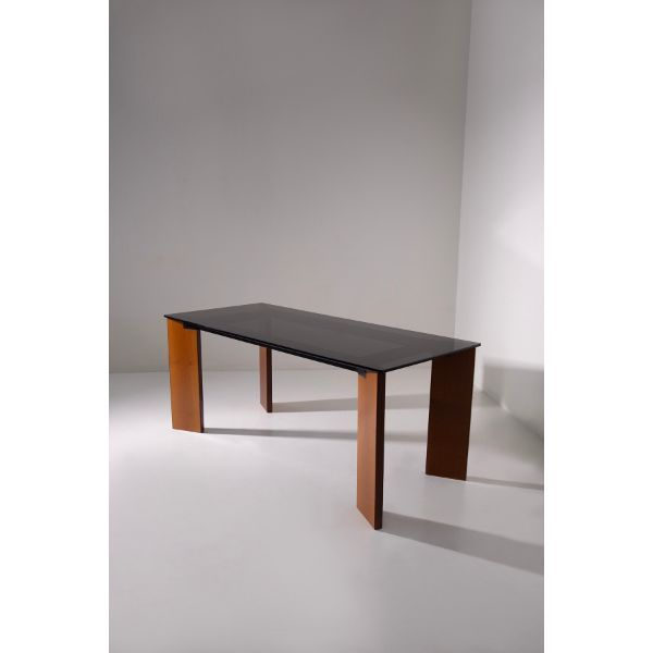 Tavolo in vetro fumé e legno massello (anni '60/'70), image