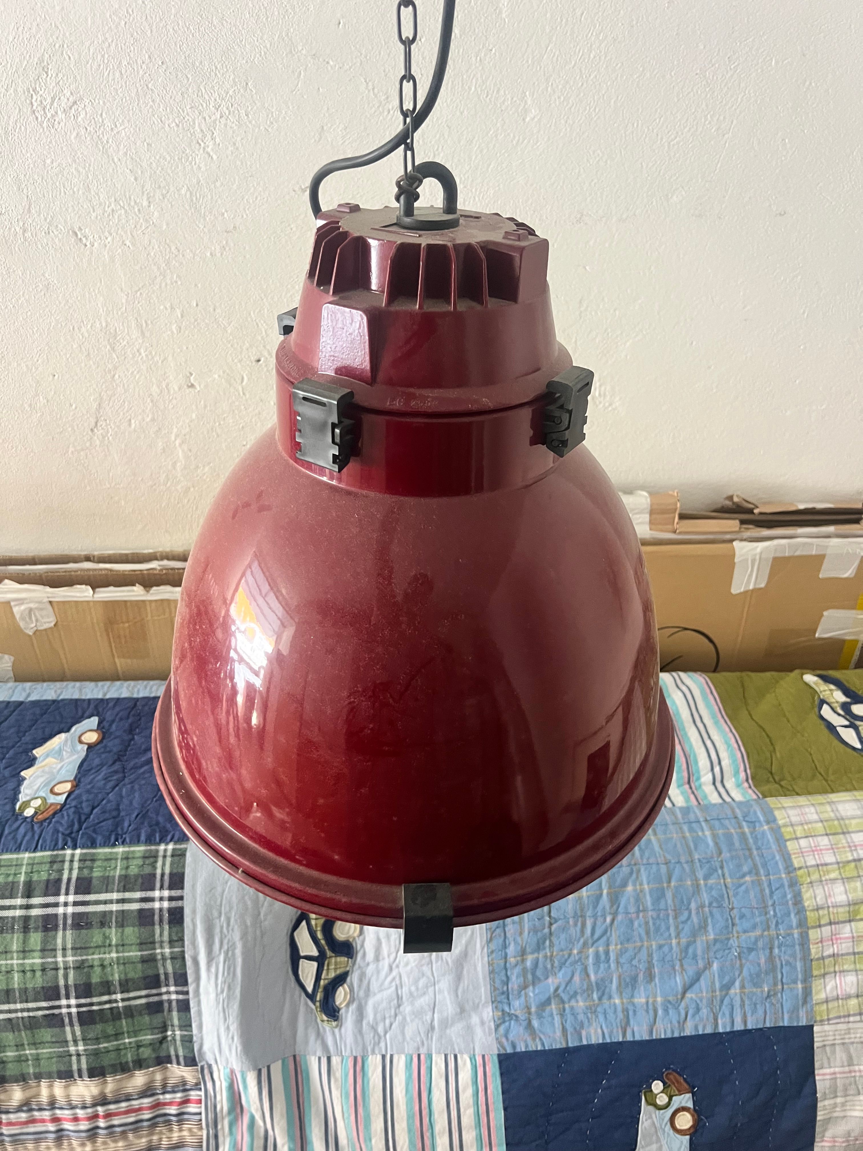Pair of Red Painted Aluminum Sosia Pendant Lights Front