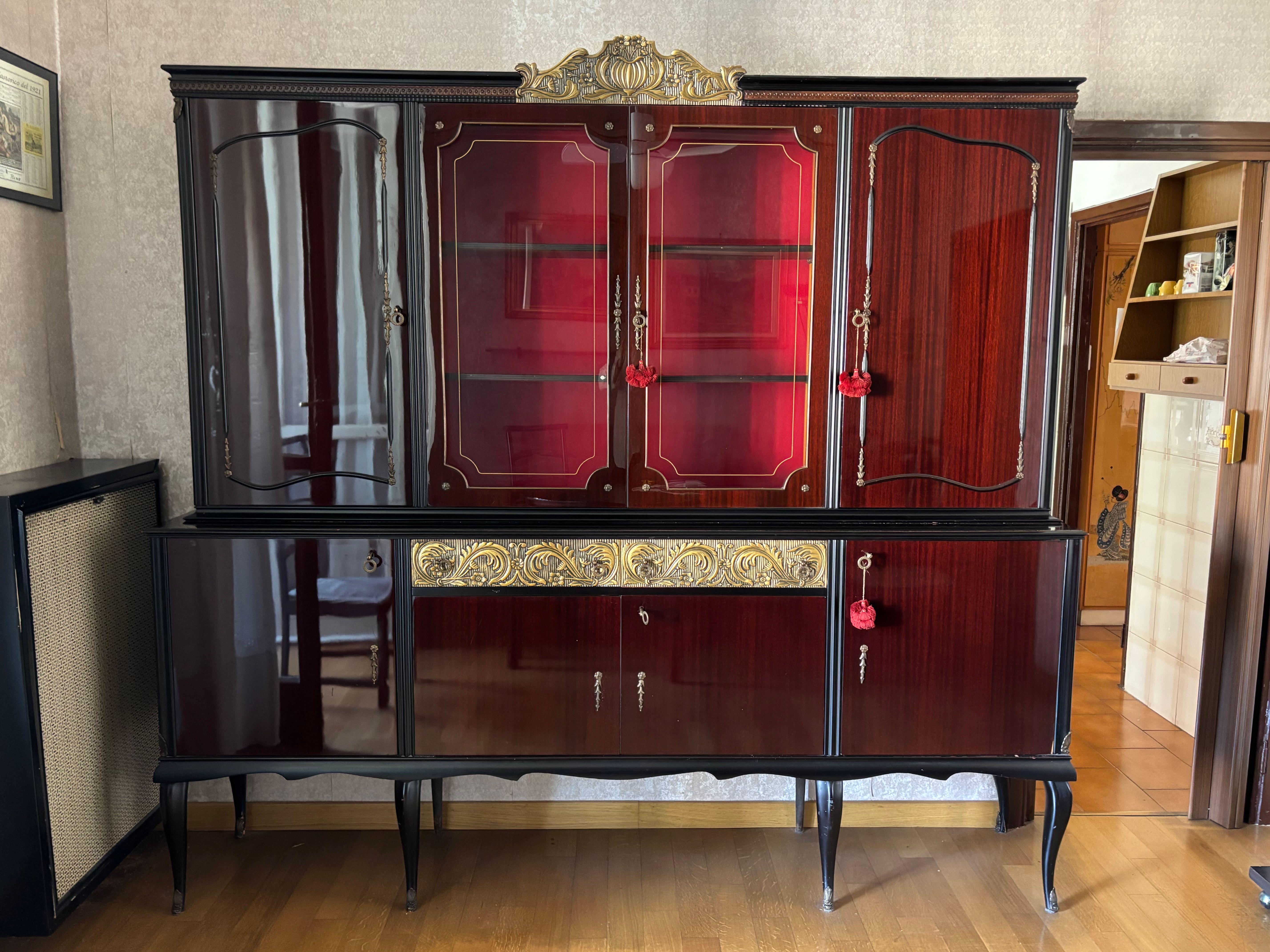 1960s Lacquered Wood Sideboard with Glass Hutch Brand