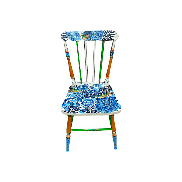 Vintage chair decorated with blue flowers in wood (1950s) image