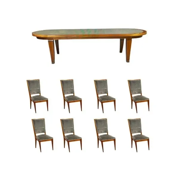 Set tavolo vintage in rovere e 8 sedie in velluto, 