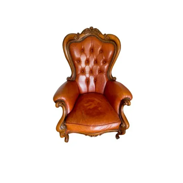 Vintage baroque style armchair in wood and leather (Brown), image