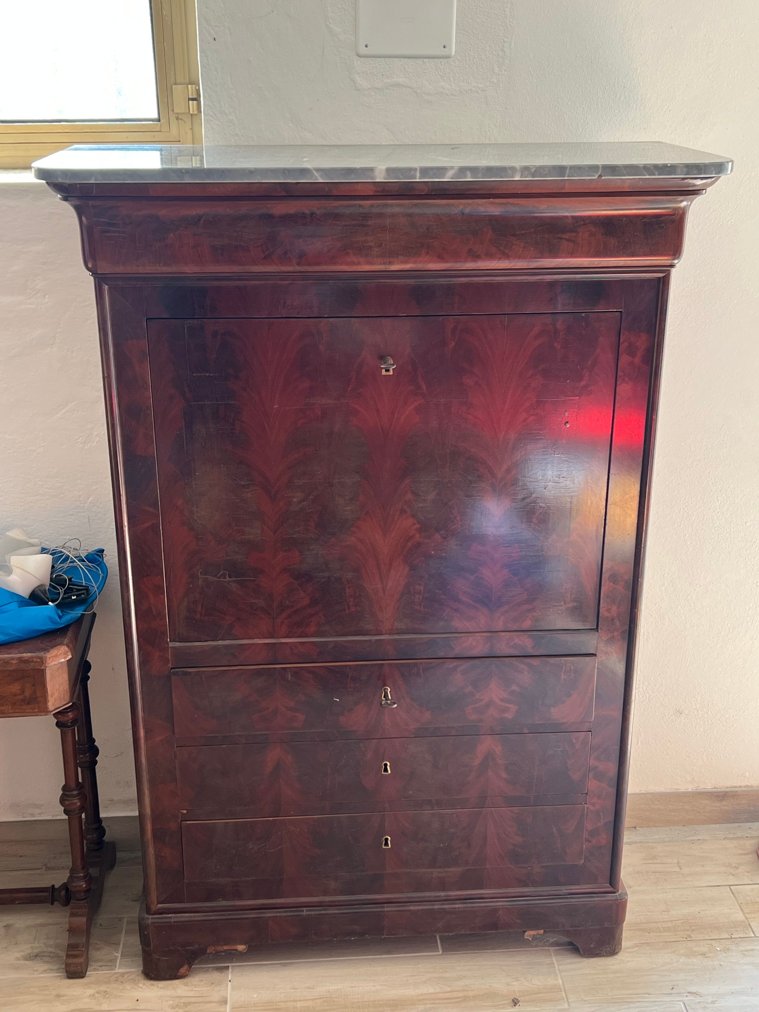 Antiker Sekretär aus Holz und Marmor aus dem 19. Jahrhundert Front