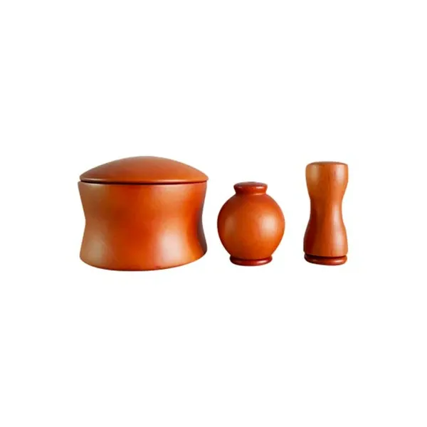 Salt spreader, pepper spreader and cheese bowl in pear wood, Alessi 1