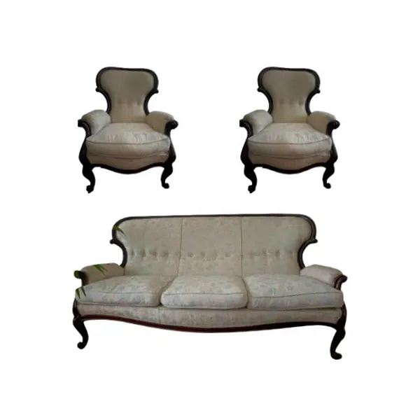 Image of Set divano e 2 poltrone vintage in legno e tessuto (beige)