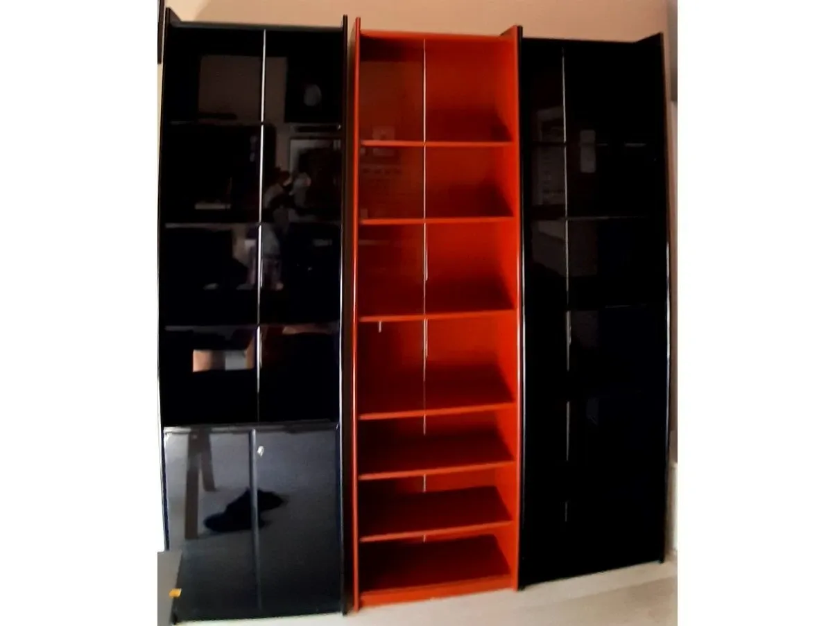 Libreria modulare vintage nera e rossa (anni '60),  2