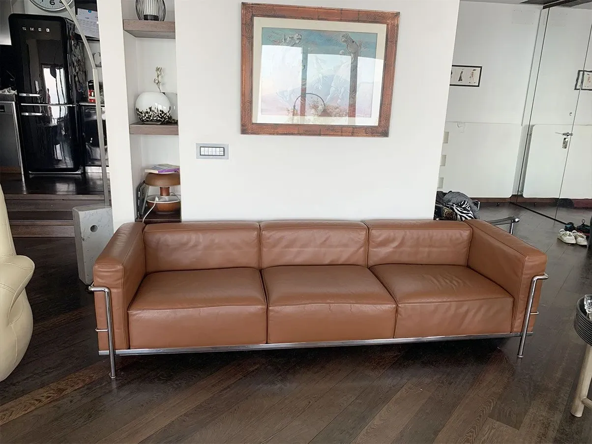 LC3 3-seater sofa in leather and steel (brown) 3