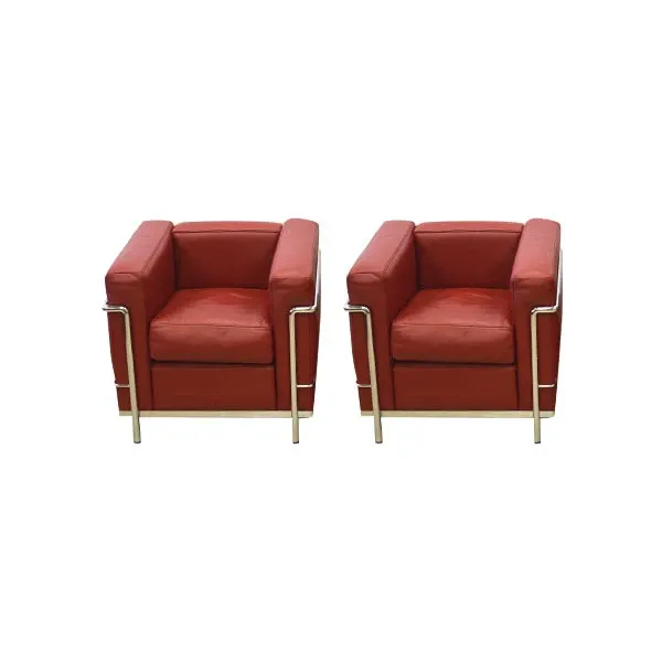 Set 2 LC 2 armchairs in leather (antique red), Alivar 9