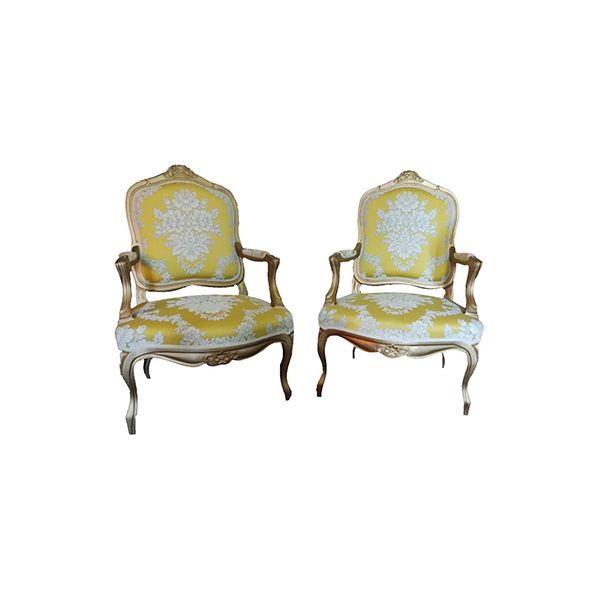 Set of 2 wooden armchairs with yellow damask fabric, Merlin image