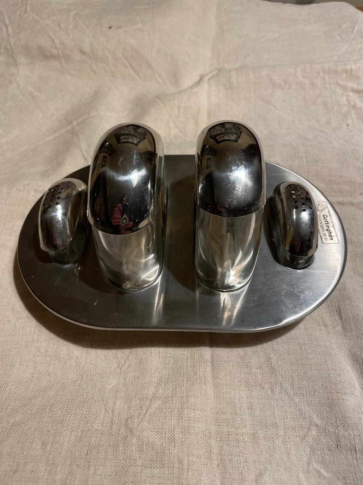 Stainless steel and silver condiment set (70s), Gottinghen  Front