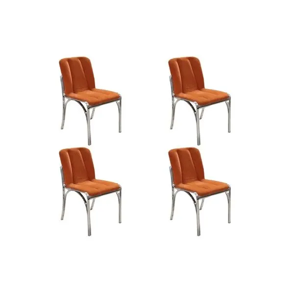 Set of 4 vintage chairs in chromed metal and orange velvet, image