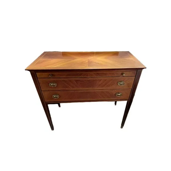 Vintage writing desk with drawers in inlaid wood and leather image