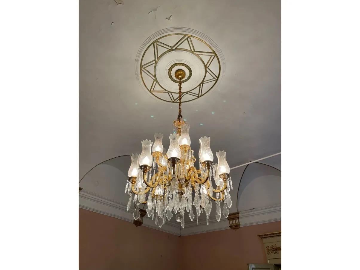 Lampadario a 15 luci in bronzo dorato, F.B.A.I. 6