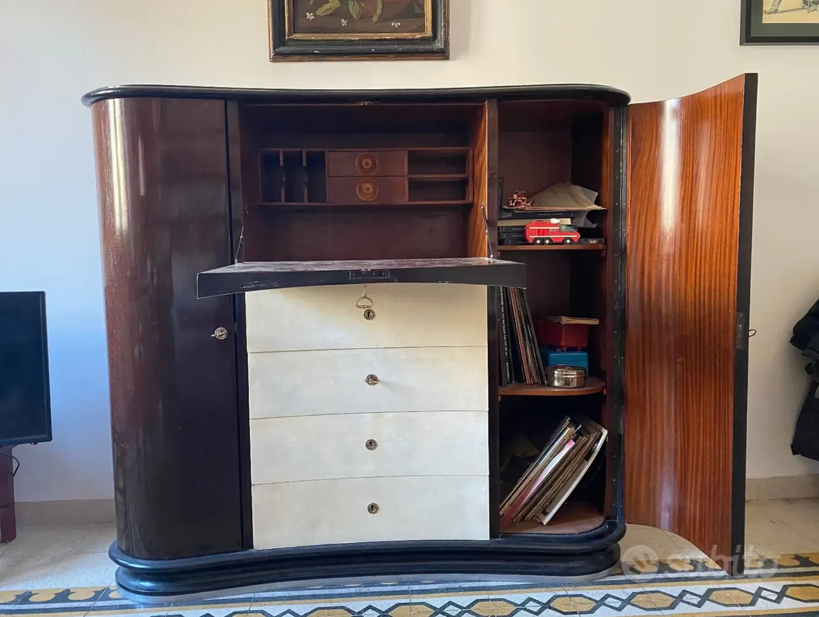 Vintage ebony and parchment desk (1940s), 3