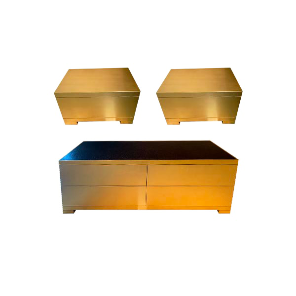 Chest of drawers and 2 bedside tables in wood with gold leaf, Axil image