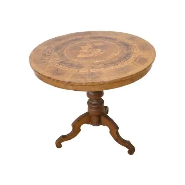 Tavolo rotondo vintage in legno di noce intarsiato ('800), image