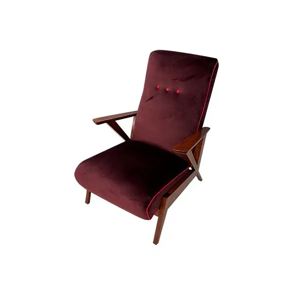 Vintage armchair in wood and burgundy velvet (1960s) image