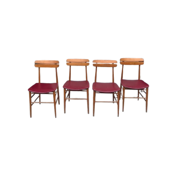 Set di 4 sedie vintage in legno con seduta in pelle, image