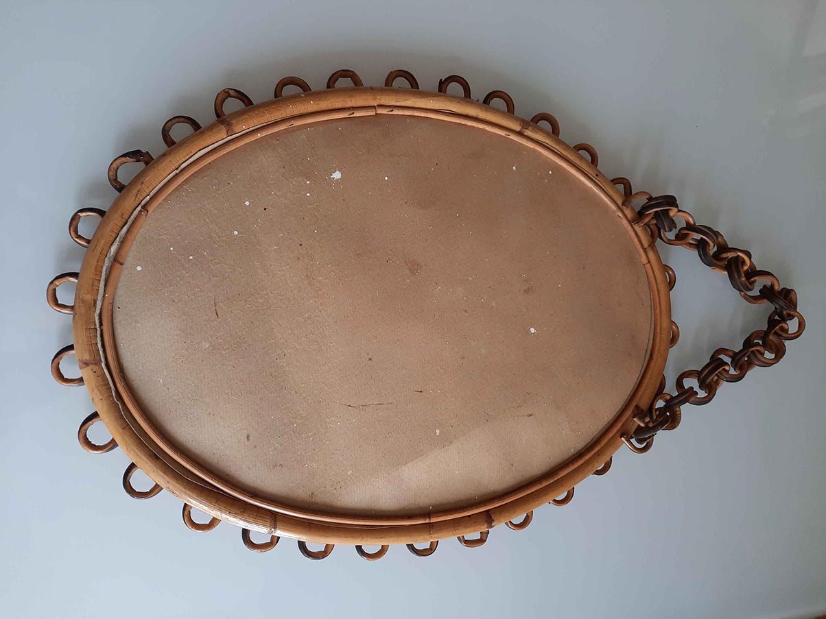 Specchio ovale da parete vintage in vimini e bambù