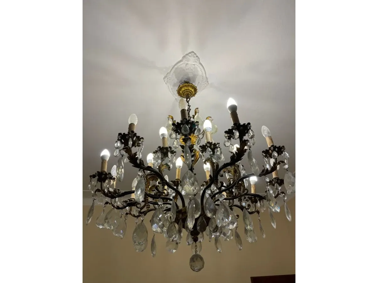 Lampadario a sospensione vintage in cristallo e ottone 2