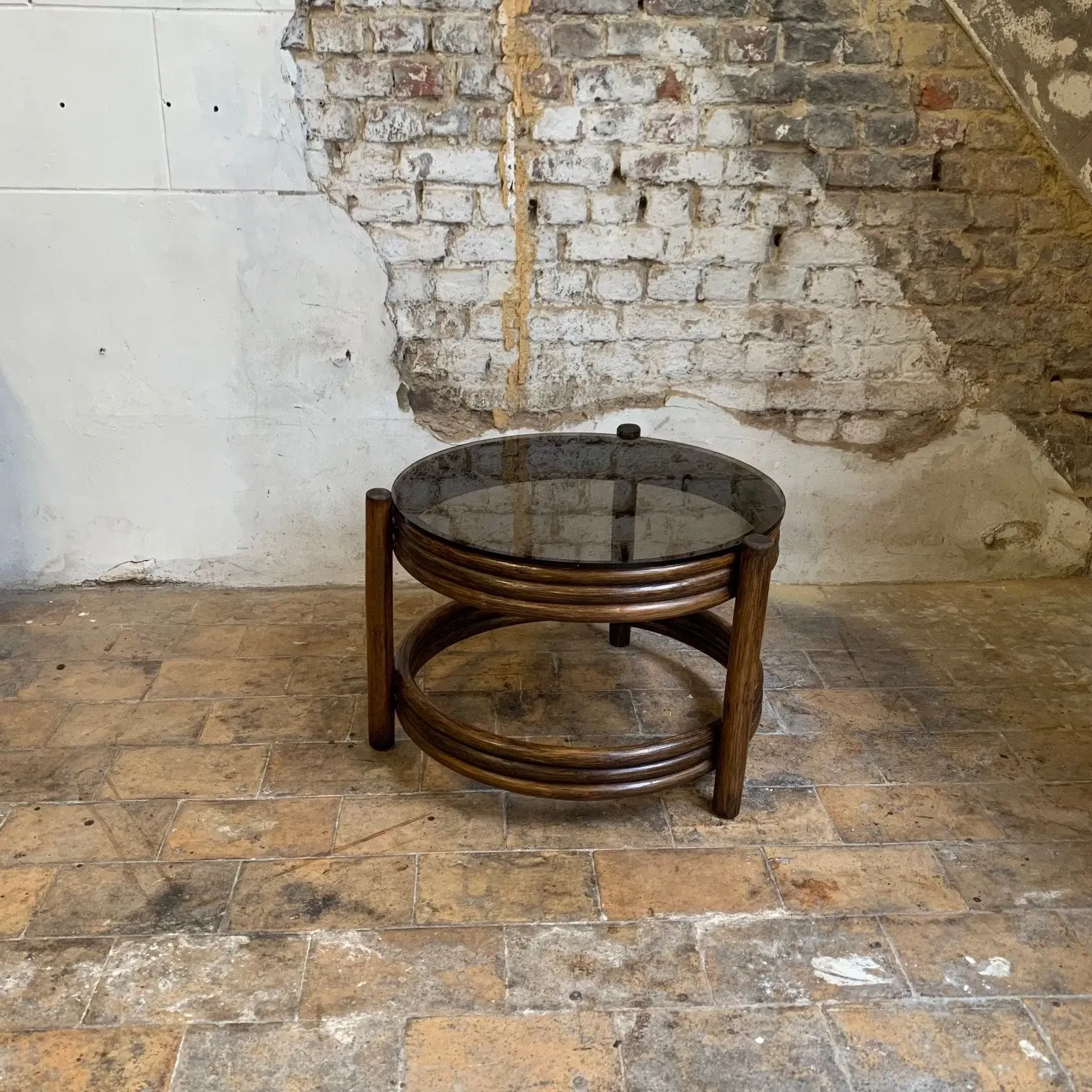 Bamboo coffee table and smoked glass top (1960s) 1