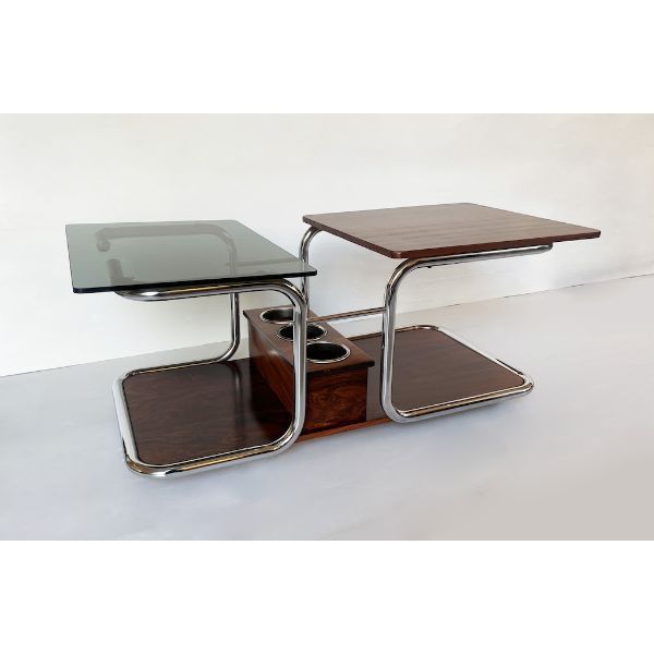 Tavolino in vetro fumé acciaio e legno teak (anni '70), image