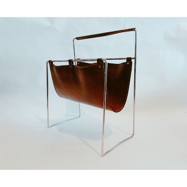 Magazine rack in eco-leather and chromed steel (60s/70s), image