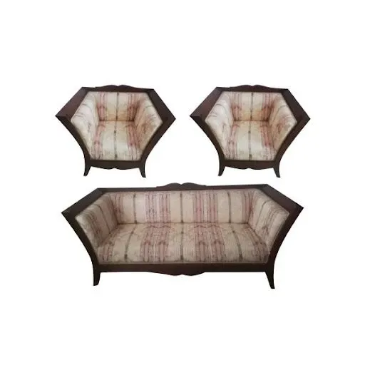 Sofa set and 2 vintage armchairs in walnut and fabric, 3
