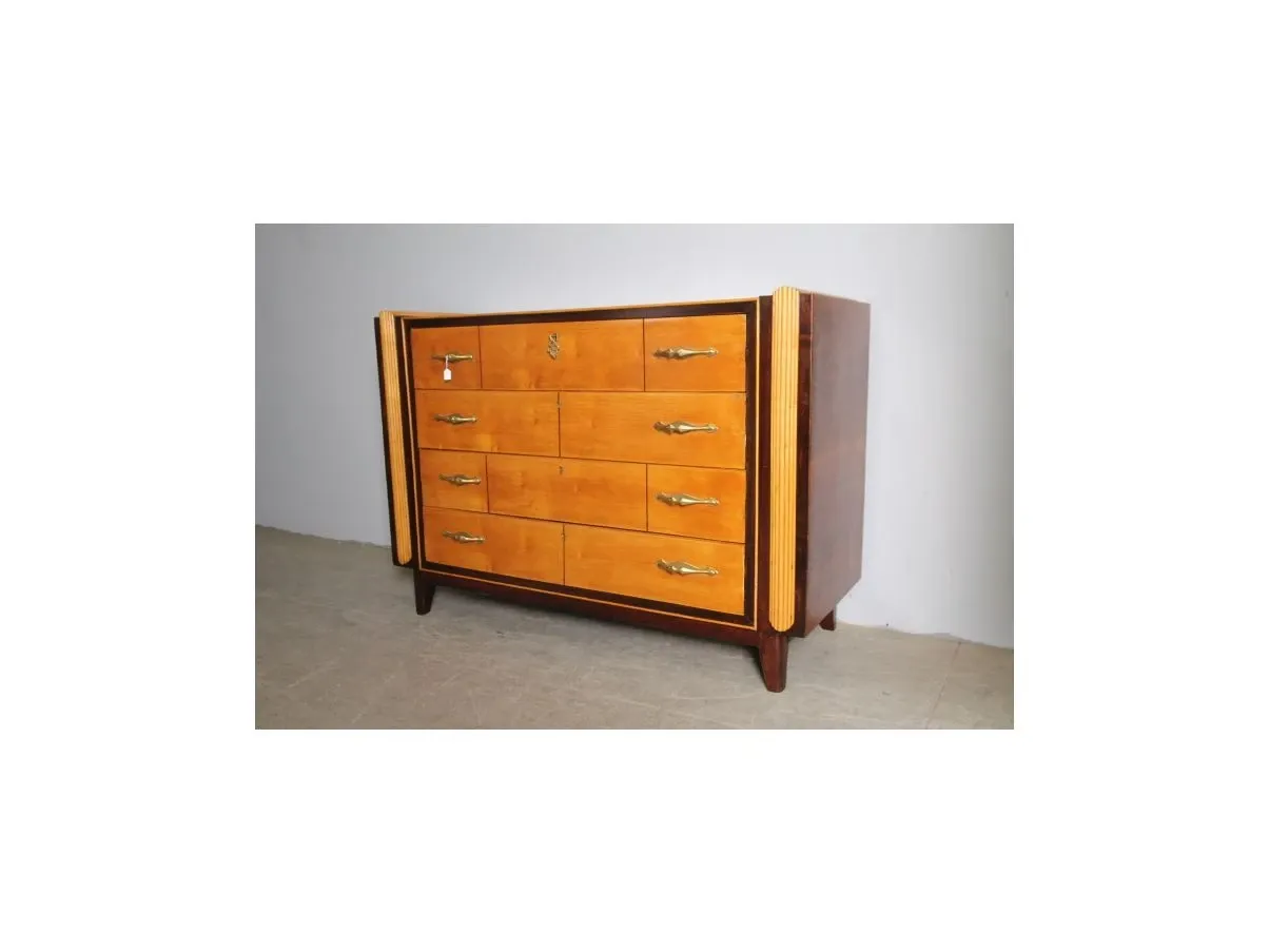 Cassettiera vintage in legno e ottone (anni '50), 1