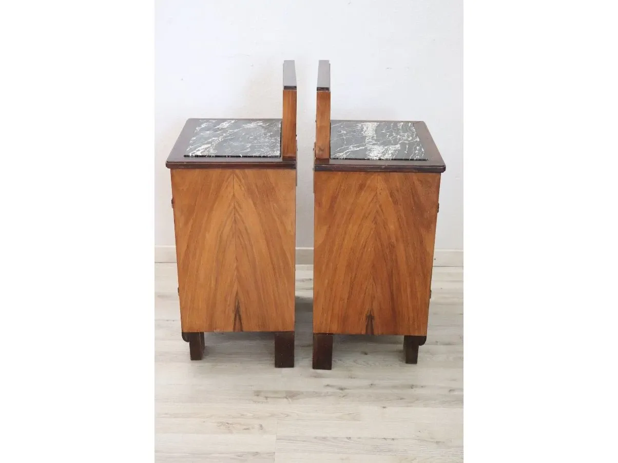 Set 2 comodini vintage in noce e marmo (anni '40) 6
