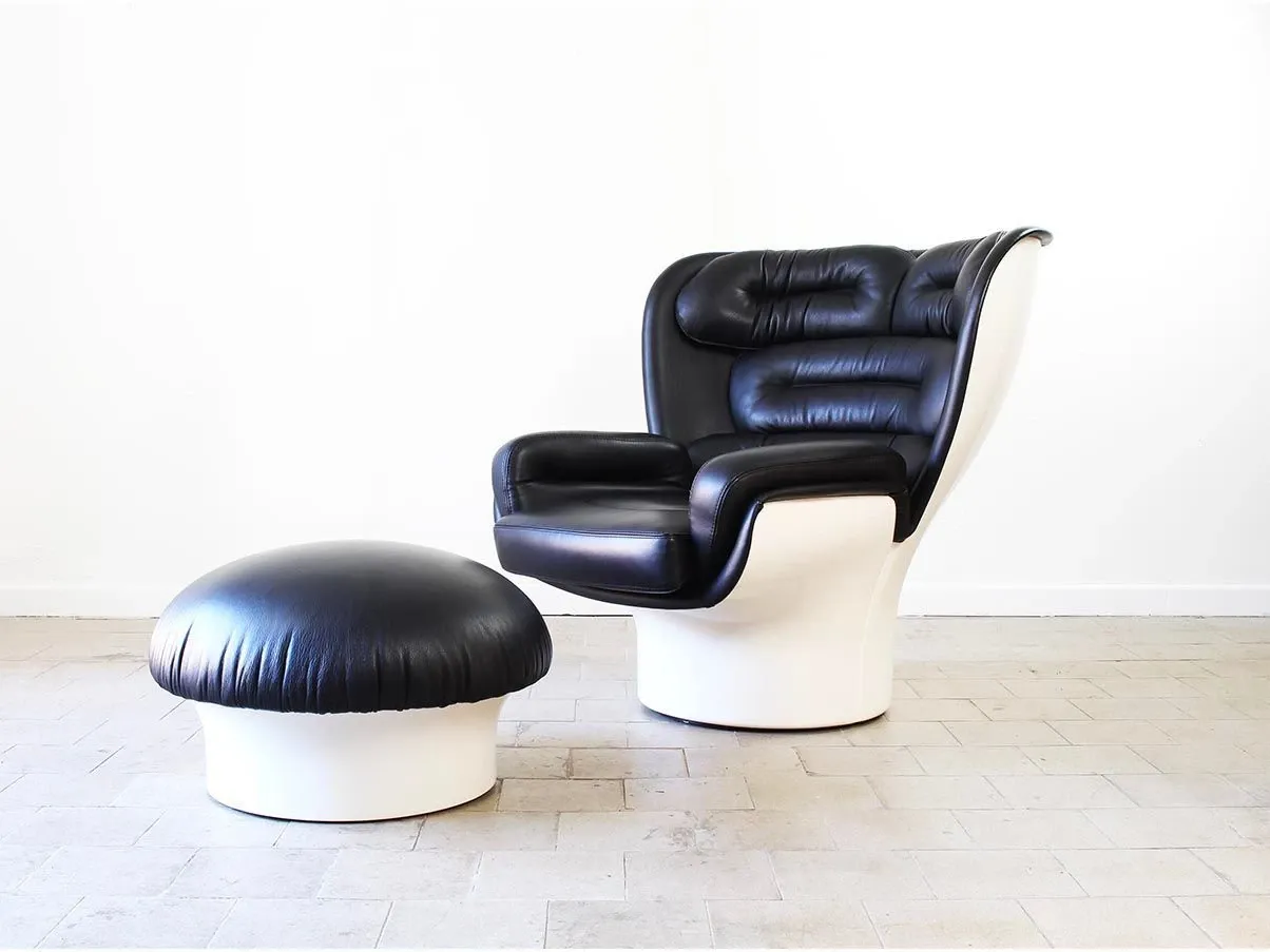 Vintage Elda Sessel mit Hocker aus schwarzem Leder 2