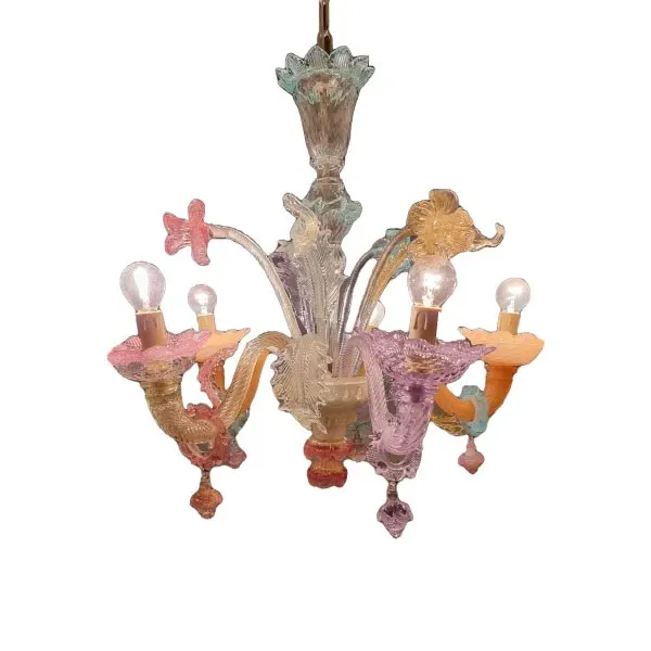 Lampadario vintage in vetro di Murano policromo e legno image