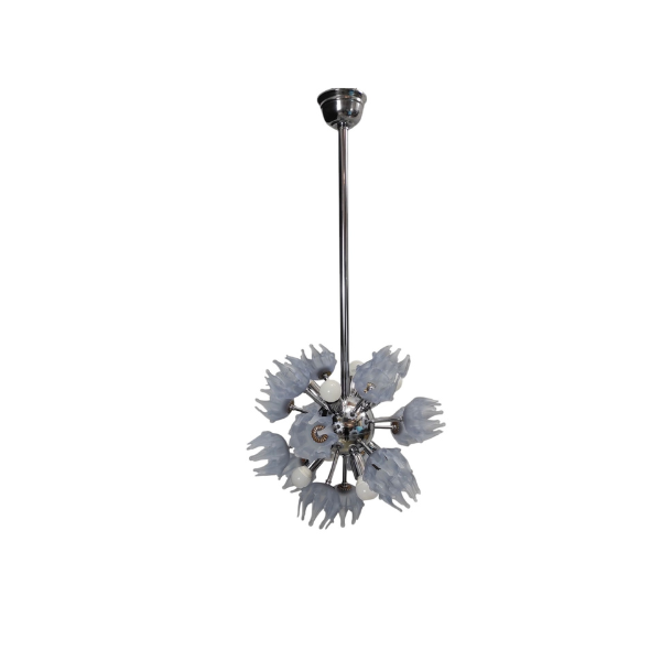 Lampadario in acciaio cromato e vetro di Murano lilla (anni '70), image