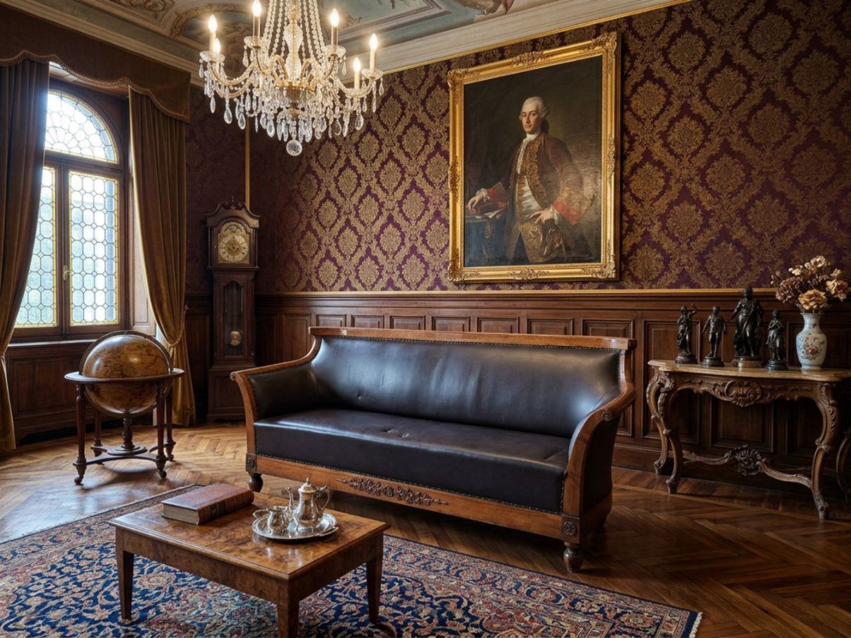 3-zits bank van hout en zwart leer (jaren 40) Main