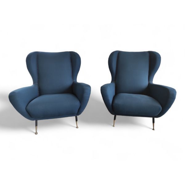 Set of 2 mid-century armchairs in blue fabric (1960s), image