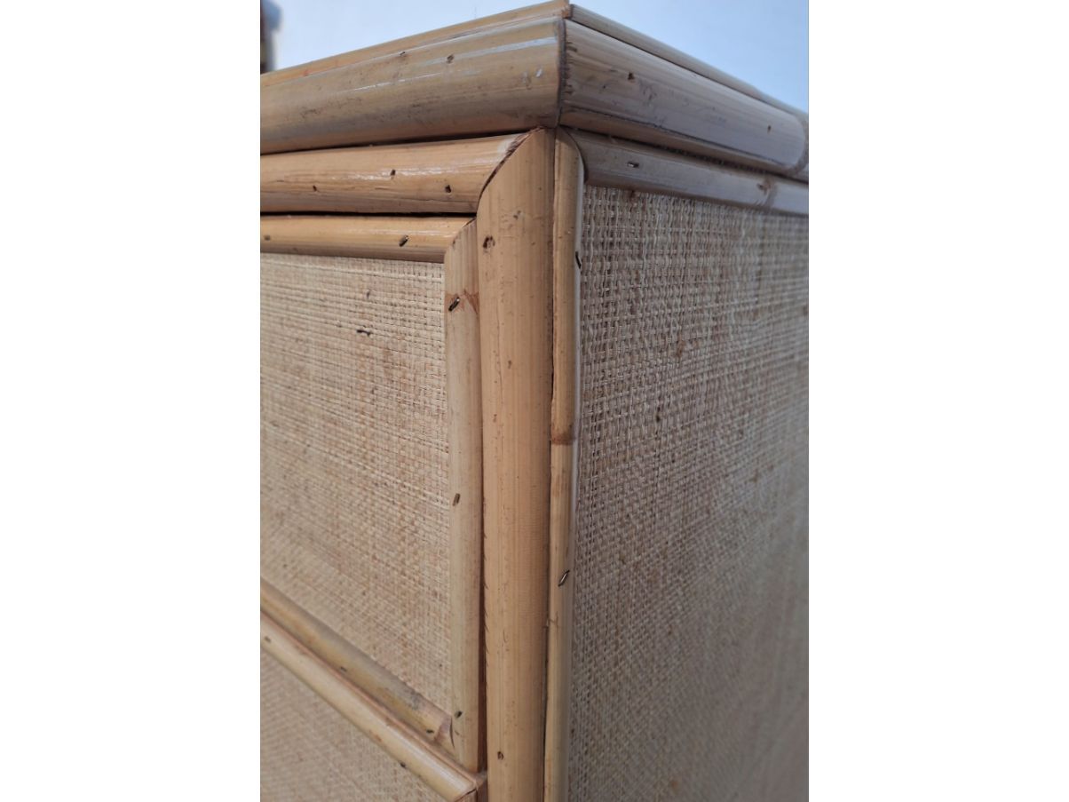 Wooden rattan and wicker chest of drawers (70s) Side