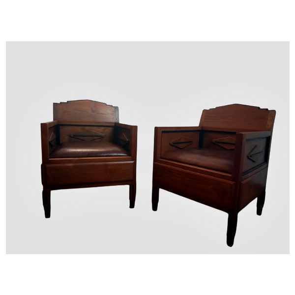 Set of 2 armchairs in solid walnut with leather seat from the 1900s, image